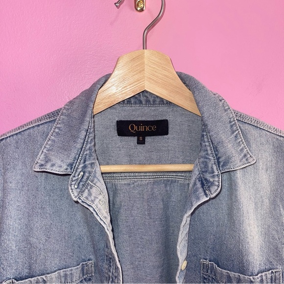 Quince Denim Shirt Women’s Size Small Distressed Blue Long Sleeve Button Down - Picture 8 of 14